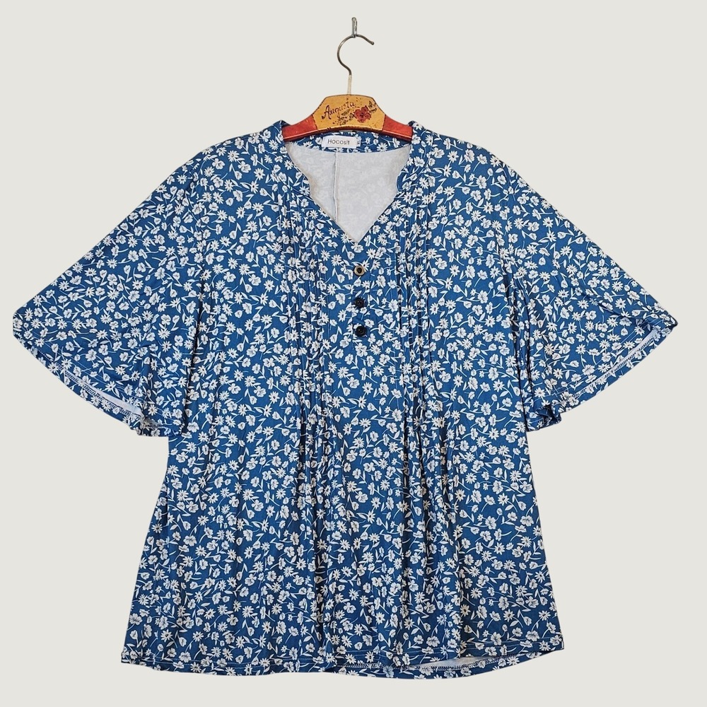 Hocosit Womens XL Blue White Floral Tunic Blouse Pintuck Henley Flutter Sleeve